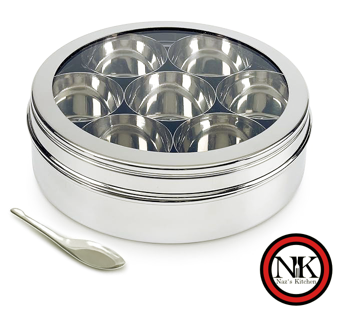Naz's Kitchen Masala Dabba with Spoon- clear lid