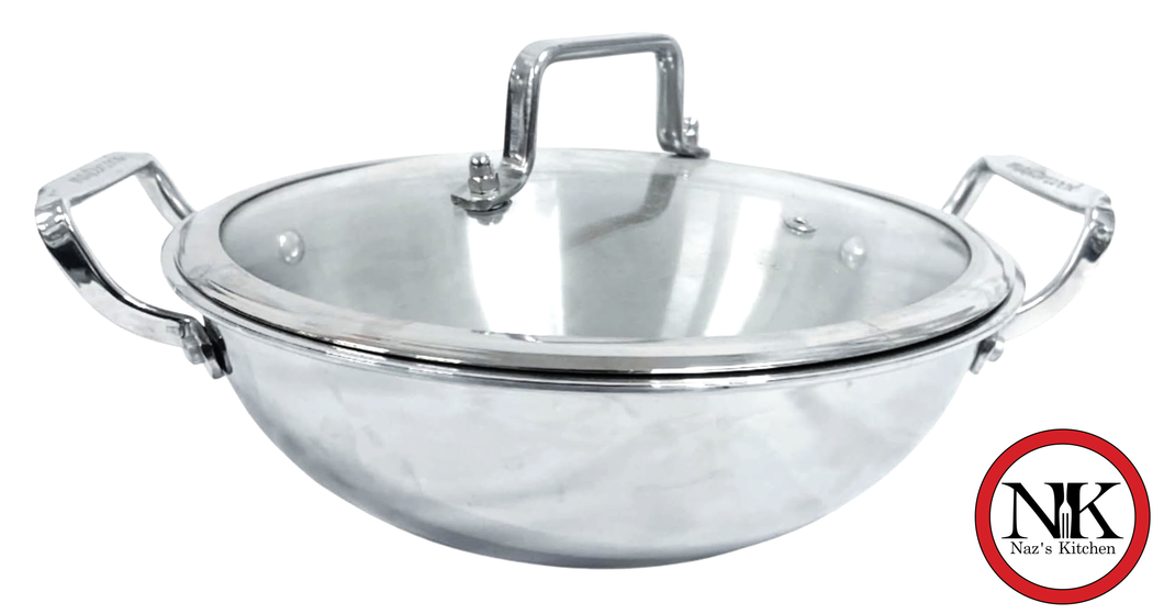 Naz's Kitchen Triply Stainless Steel Wok Kadai with Glass Lid